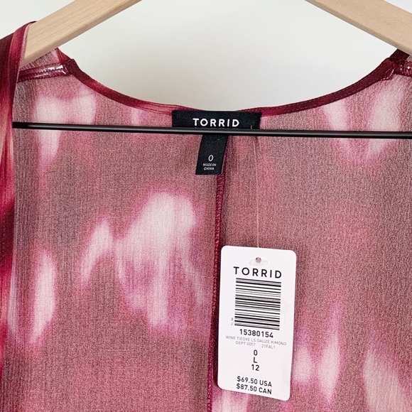 NWT Torrid Wine Tie Dye Gauze Kimono Longline Cardigan Red 0X - Picture 5 of 7